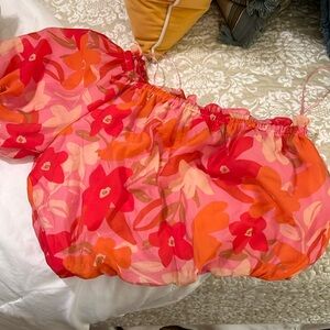 ASTR the Label pink red floral one shoulder top